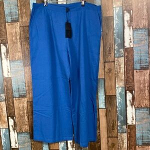 Janasya 3XL blue cotton linen wide leg ankle pants with pockets